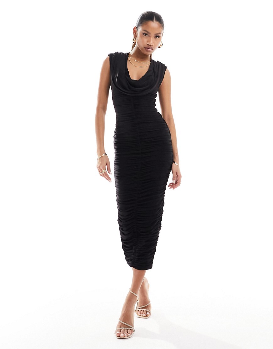 Naked Wardrobe ruched bodycon midi dress with hood in black