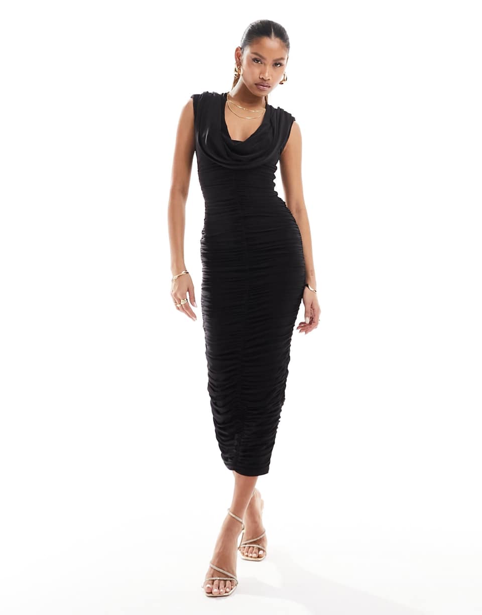 Black ruched bodycon midi dress
