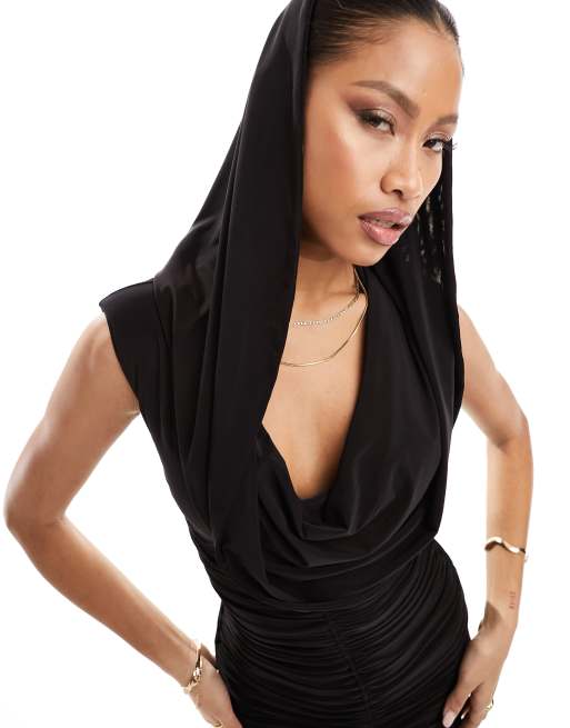 Naked Wardrobe ruched bodycon midi dress with hood in black