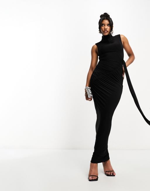 Naked Wardrobe ruched shoulder detail draped maxi dress in black