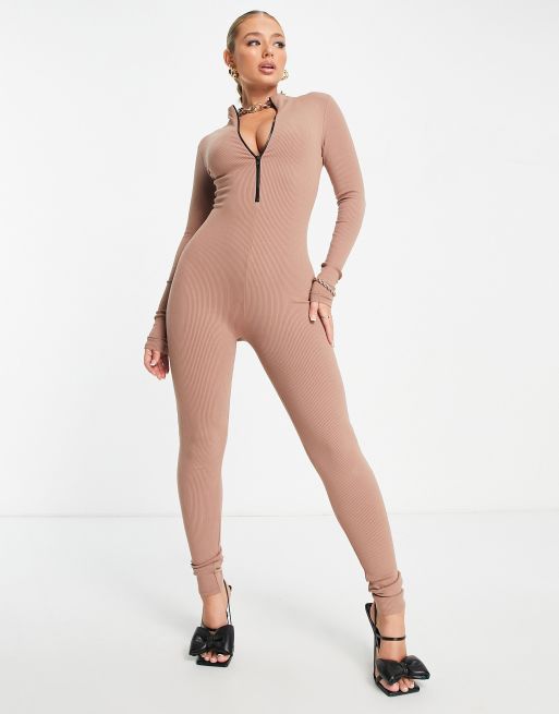 Naked Wardrobe snatched zipped detail fitted jumpsuit in pink