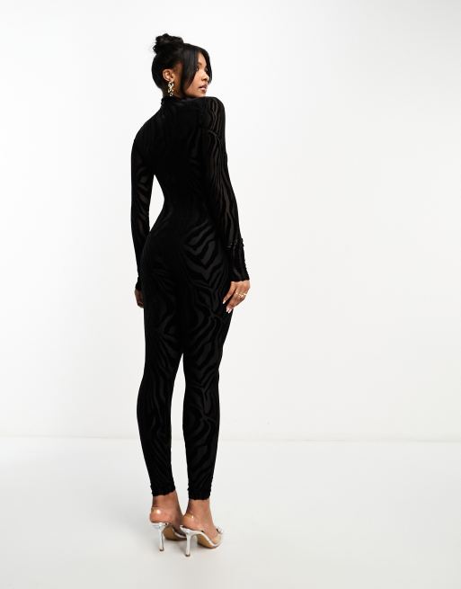 Naked Wardrobe - Tuta jumpsuit accollata con stampa tigrata in tessuto dévoré nera, 3 di 4
