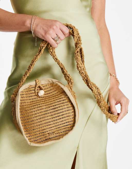 Nali - Borsa da spalla rotonda in rafia colore neutro