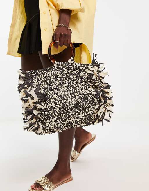 Nali - Borsa shopping in raffia con manici sulla parte superiore, colore nero