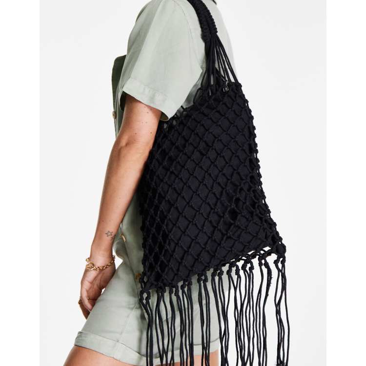 BRAIDED BLACK LEATHER FRINGE BUCKET BAG