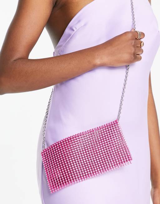Nali – Clutch in Rosa mit Glitzersteinbesatz und Kettenriemen