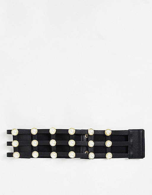 Nali high waisted belt in black with pearl details