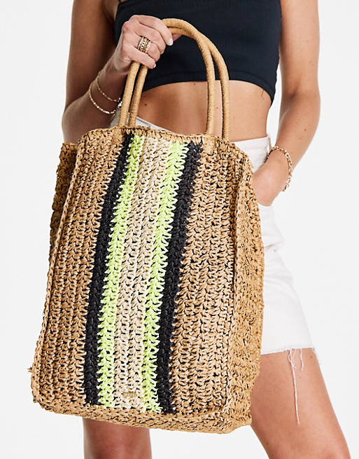 Nali - Maxi borsa in rafia a righe color paglia naturale e lime