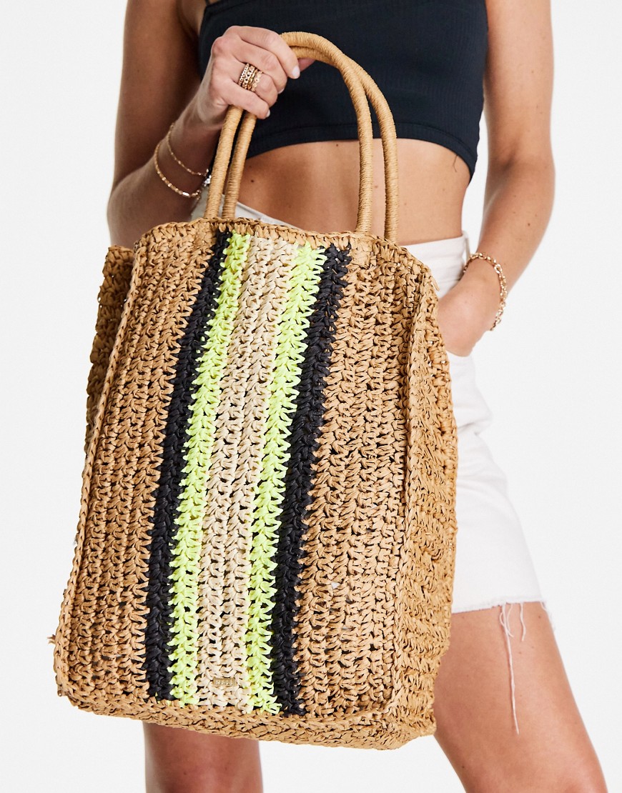 Nali raffia stripe tote bag in natural straw and lime-Black