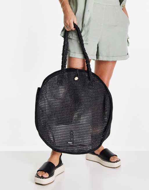 Nali - Rund sort skuldertaske i raffia