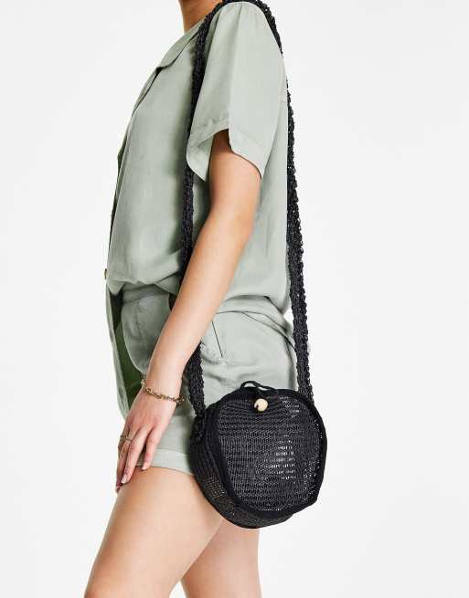 Nali - Sac porté épaule rond en raphia - Noir