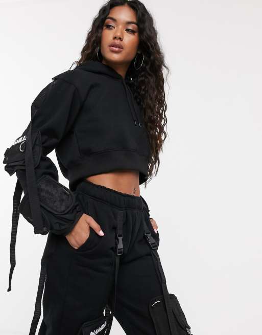 Crop top Hoodie and Cargo Pants set - Black