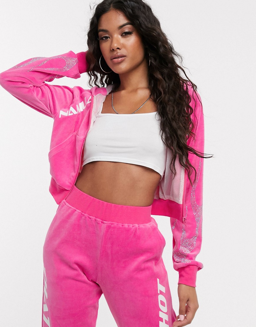 Namilia velour cropped hoodie with diamante flames co-ord-Pink