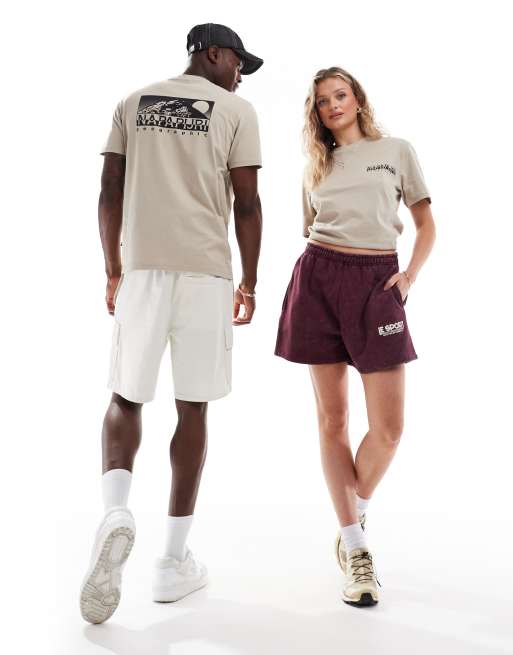 Napapijri - Aleen - T-shirt beige con stampa di montagna sul retro