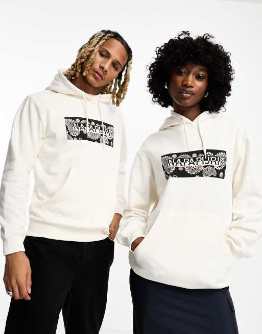 Napapijri – Andesite – Fleece-Kapuzenpullover in Weiß mit kastigem Paisley-Logo