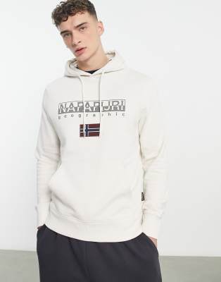Napapijri Ayas overhead chest print fleece hoodie in off white - ASOS Price Checker