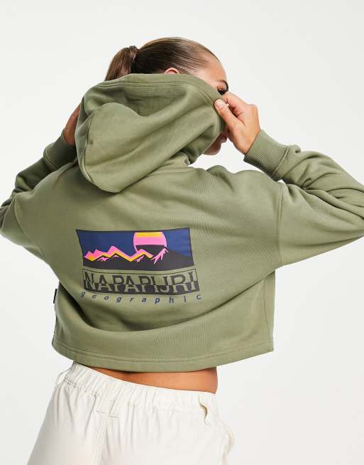 Napapijri – B-Hockey – Verkürzter Kapuzenpullover in Grün mit Bergprint auf dem Rücken