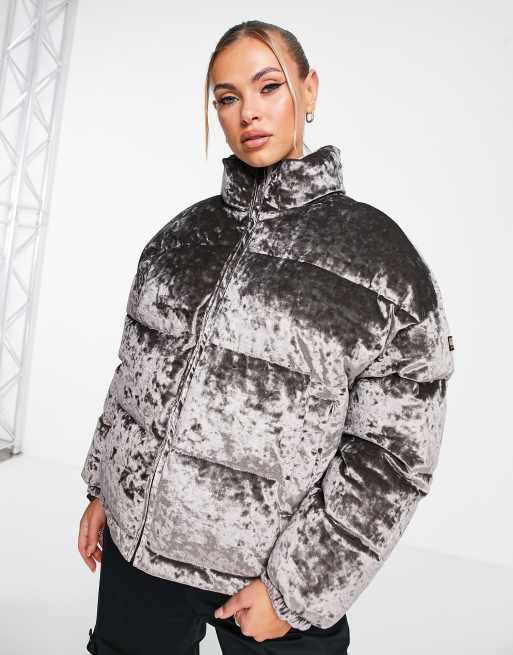 Grey velvet puffer jacket best sale