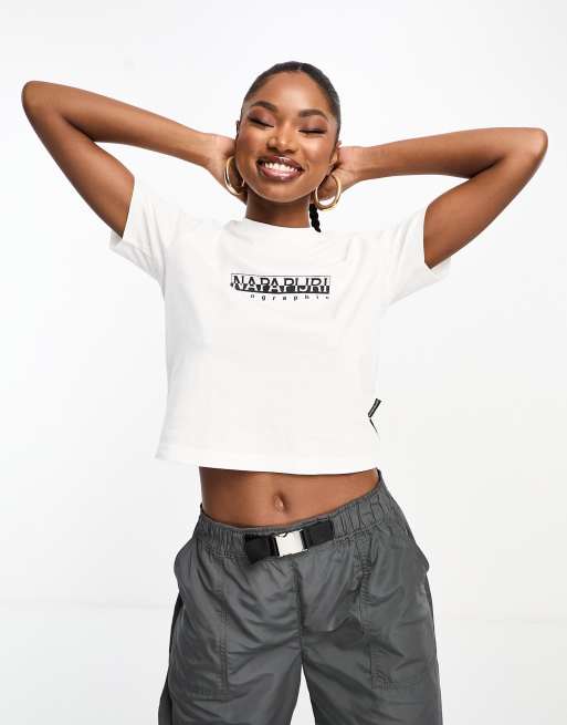 Napapijri – Biały krótki T-shirt z logo w ramce
