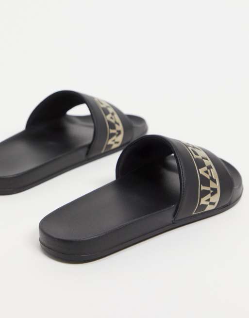 Napapijri Black logo sliders in black ASOS