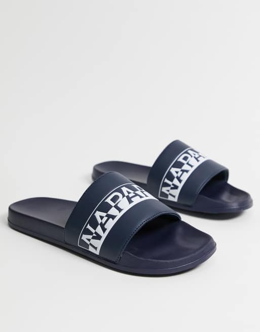 Napapijri Black logo sliders in navy ASOS