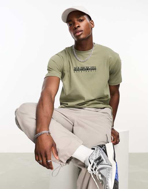 Napapijri Box chest logo t-shirt in khaki | ASOS