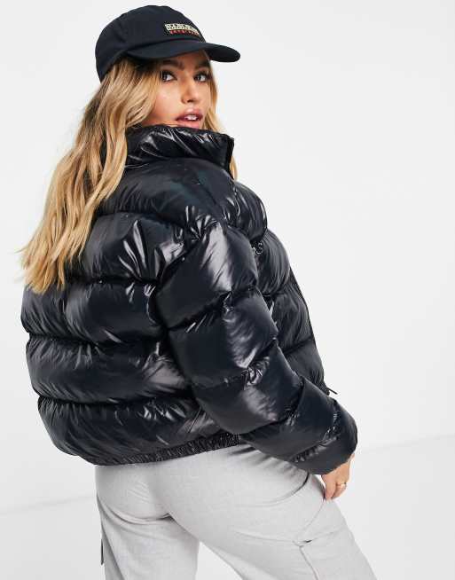 Black patent store puffer coat