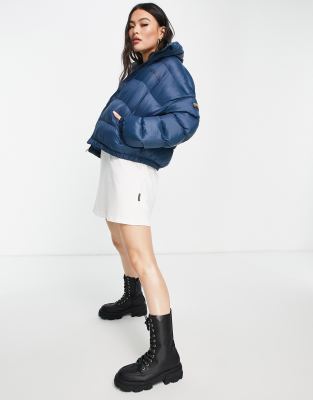 cropped blue puffer jacket