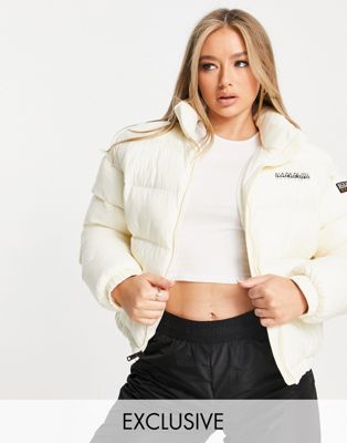 Napapijri Box cropped puffer jacket in off white Exclusive at ASOS