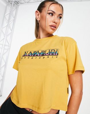 Napapijri box logo crop t-shirt in yellow