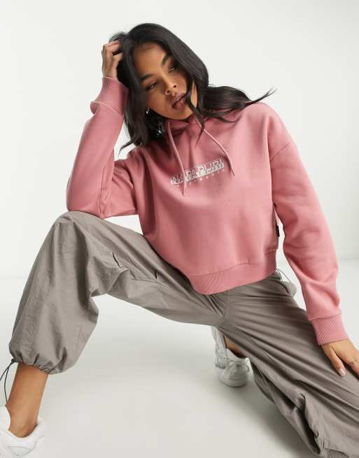 Napapijri Box logo cropped fleece hoodie in pink, 4 of 4