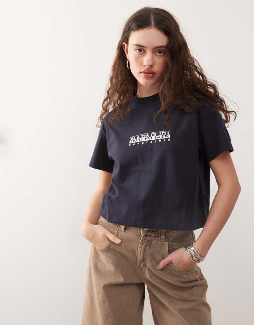 Napapijri Box logo cropped t-shirt in navy, 3 of 4