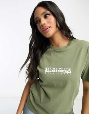 Napapijri Napapijri Box logo relaxed fit t-shirt in khaki-Green