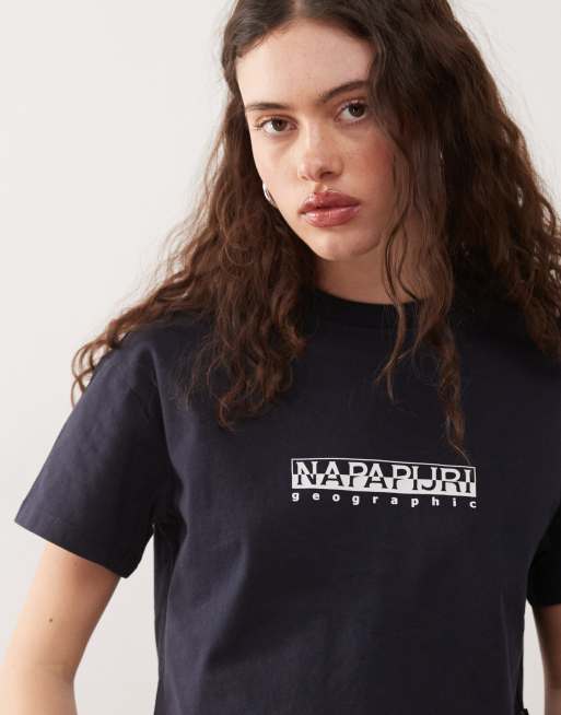 Napapijri - Cropped T-shirt met omkaderd logo in marineblauw