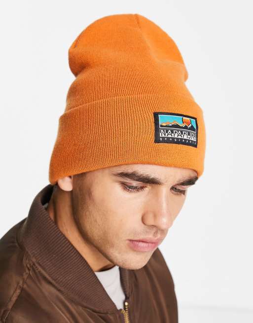 Napapijri F-Mountain patch logo beanie in orange, 2 of 4