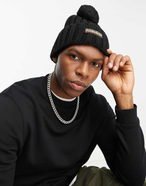 Napapijri - Fea 2 - Beanie met pompon en patchlogo in zwart