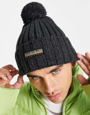 Napapijri fea 2 bobble beanie with patch logo in grey