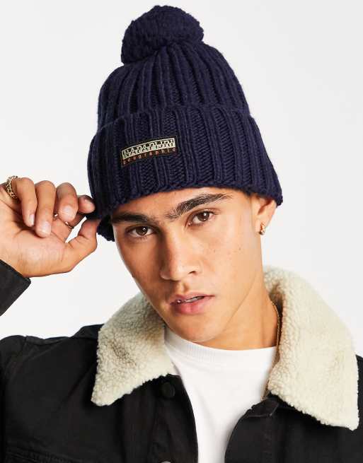 Napapijri fea 2 bobble beanie with patch logo in navy