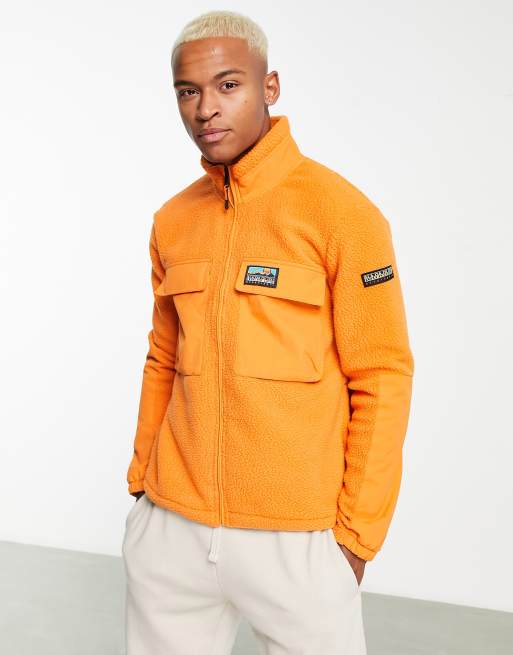 Napapijri – Fleece-Jacke in Orange mit durchgehendem Reißverschluss