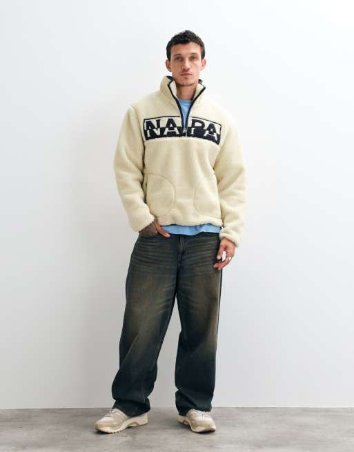 Napapijri Fleece mit Box-Logo und halbem Reißverschluss in Beige, 2 von 5