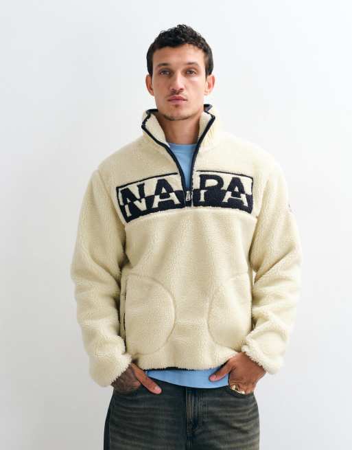Napapijri Fleece mit Box-Logo und halbem Reißverschluss in Beige, 3 von 5