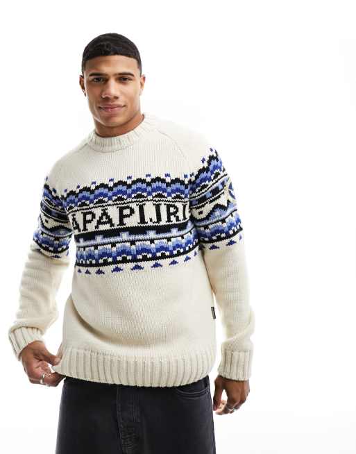 Napapijri Horlick fair isle knitted jumper in off white and blue