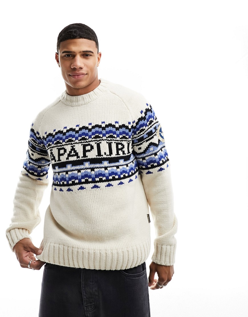 Napapijri Horlick fairisle knitted jumper in off white and blue
