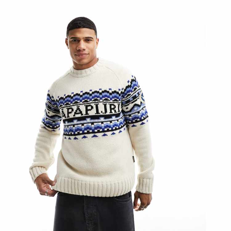 Napapijri Horlick fairisle knitted jumper in off white and blue | ASOS