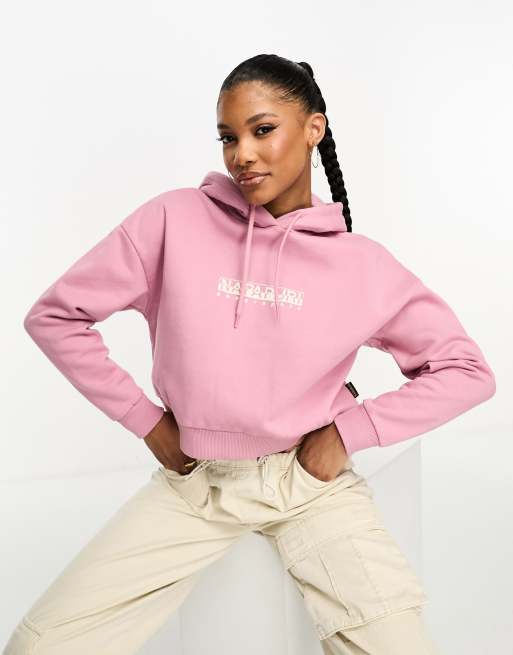 Napapijri – Kurz geschnittener Fleece-Kapuzenpullover in Rosa mit Box-Logo