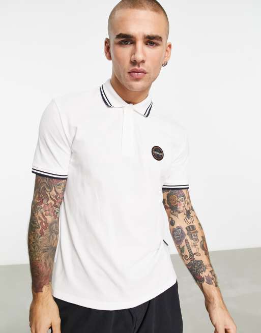 Napapijri Macas patch logo pique short sleeve polo in white | ASOS