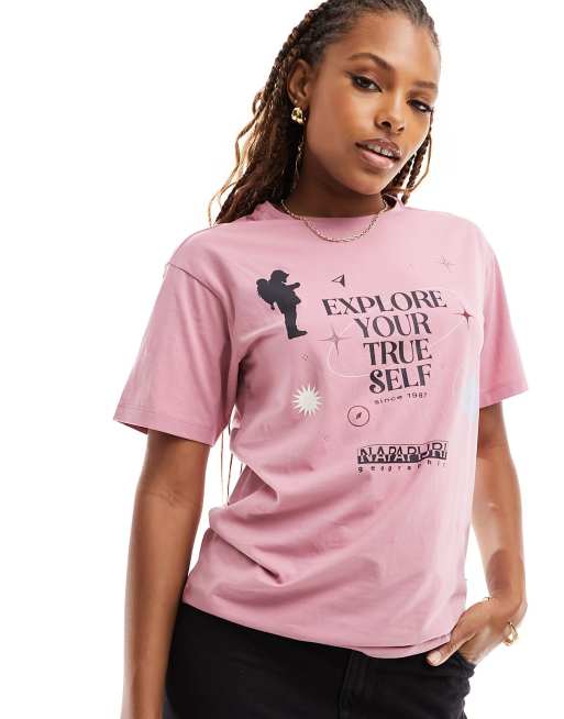 Napapijri – Montalva – Różowy T-shirt z nadrukiem na klatce piersiowej