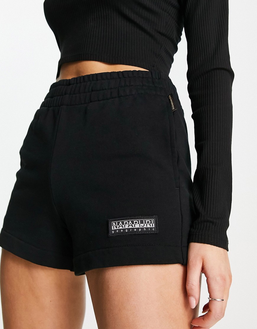 Napapijri Morgex premium tonal logo fleece high waist shorts in black