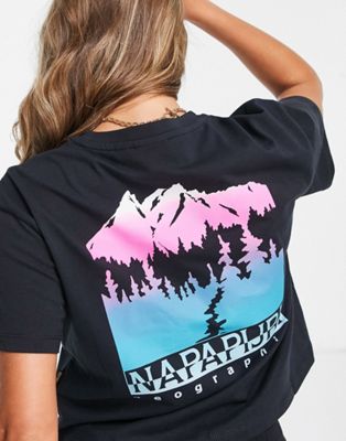 Napapijri mountain back print crop t-shirt in black