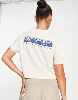 Napapijri mountain back print crop t-shirt in off white